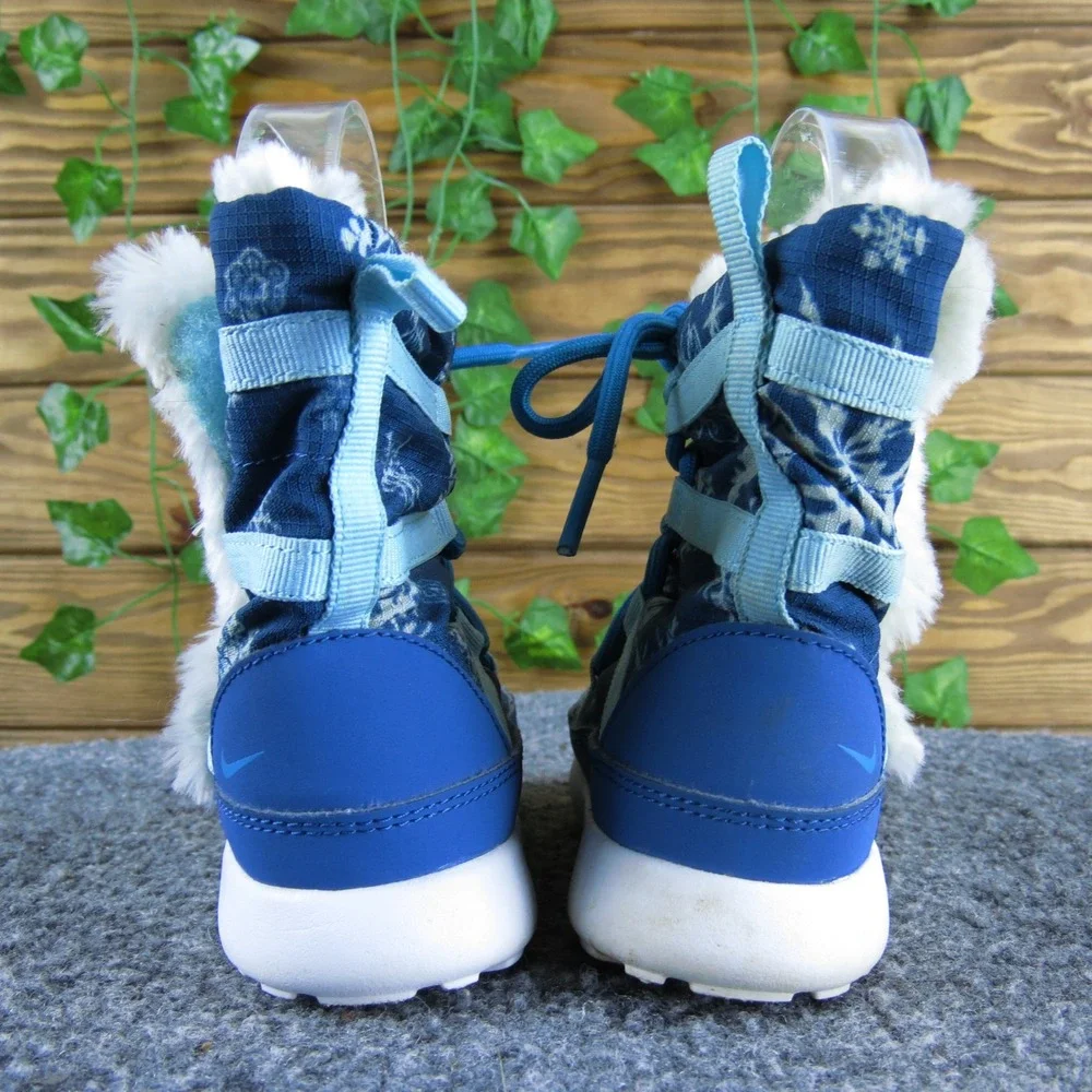 Nike Roshe One Hi‎ GS Toddler 8 Blue Snowflake Winter Boots Faux Fur Warm Shoes